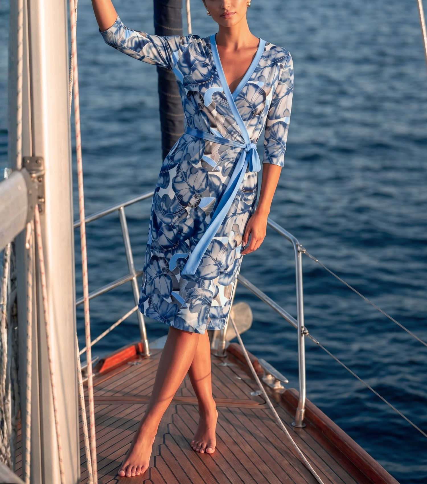 Blue Floral Wrap Midi Dress