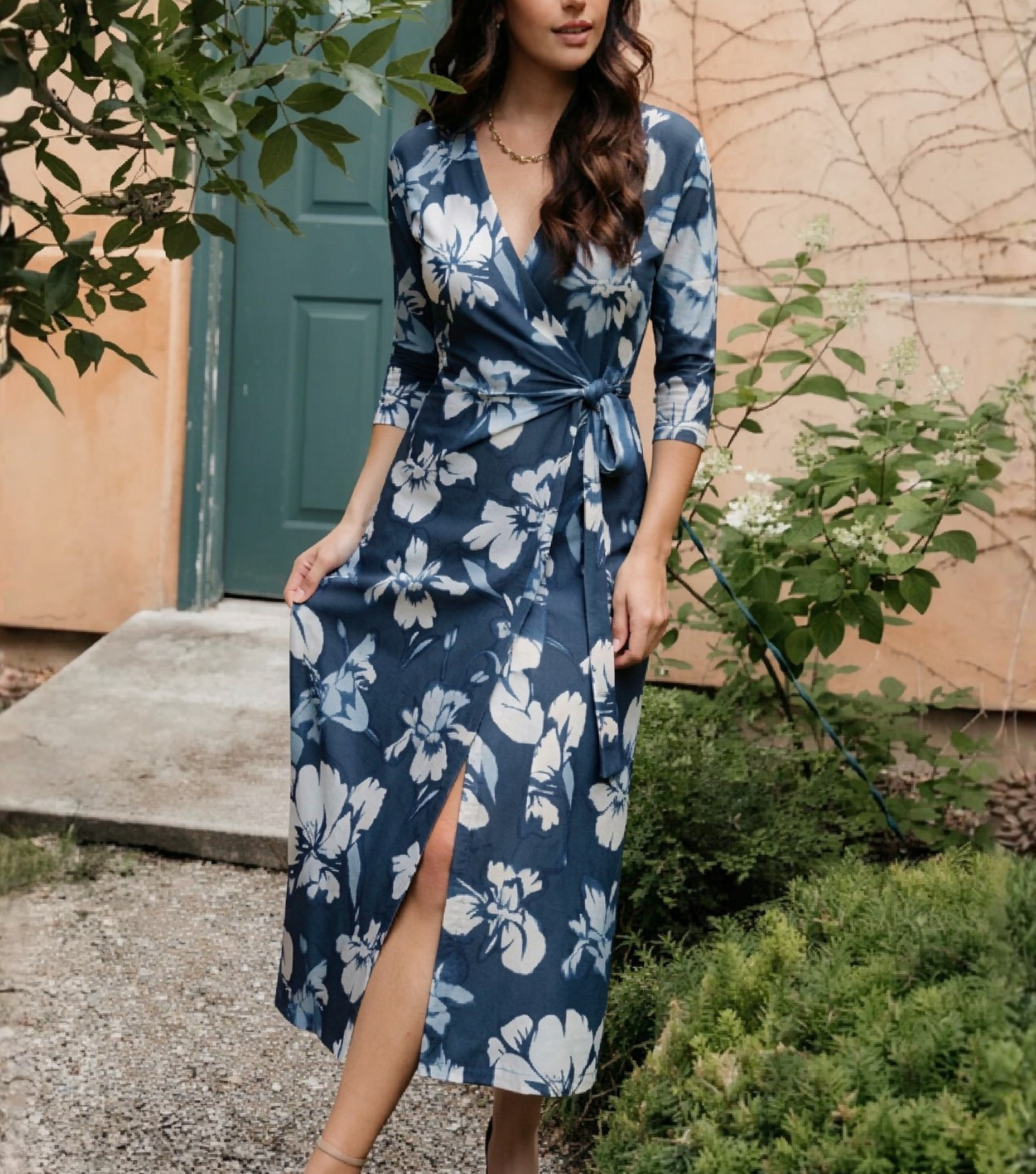 Navy Floral Wrap Midi Dress