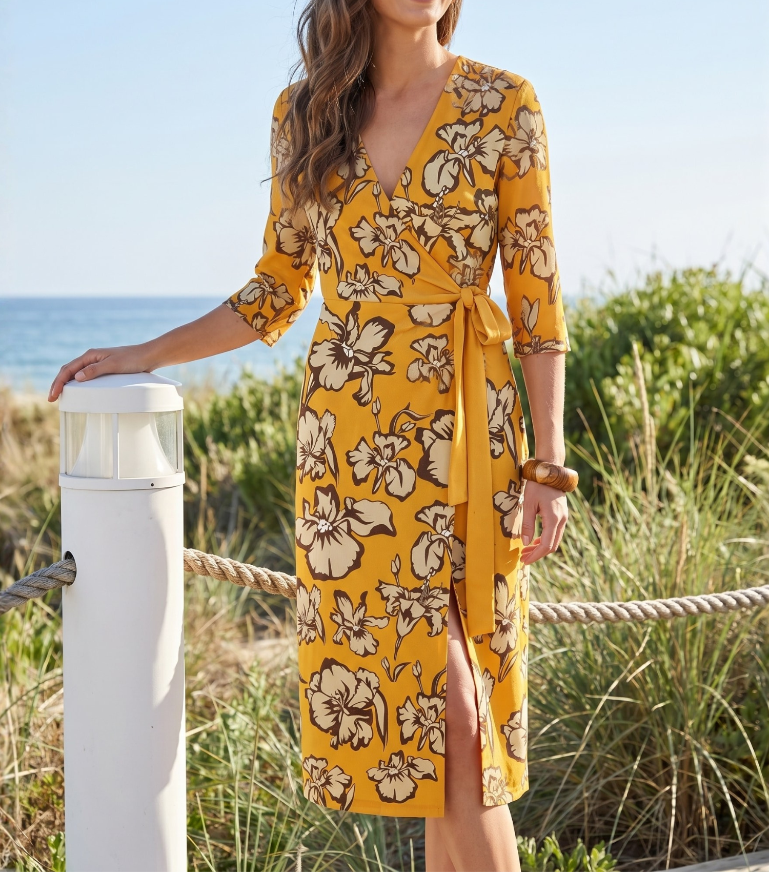 Yellow Floral Wrap Midi Dress