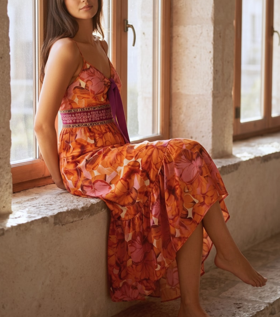 Orange Floral Spaghetti Strap Tiered Maxi Dress