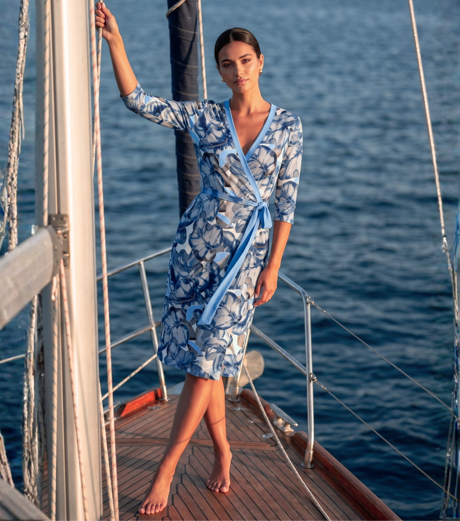 Blue Floral Wrap Midi Dress