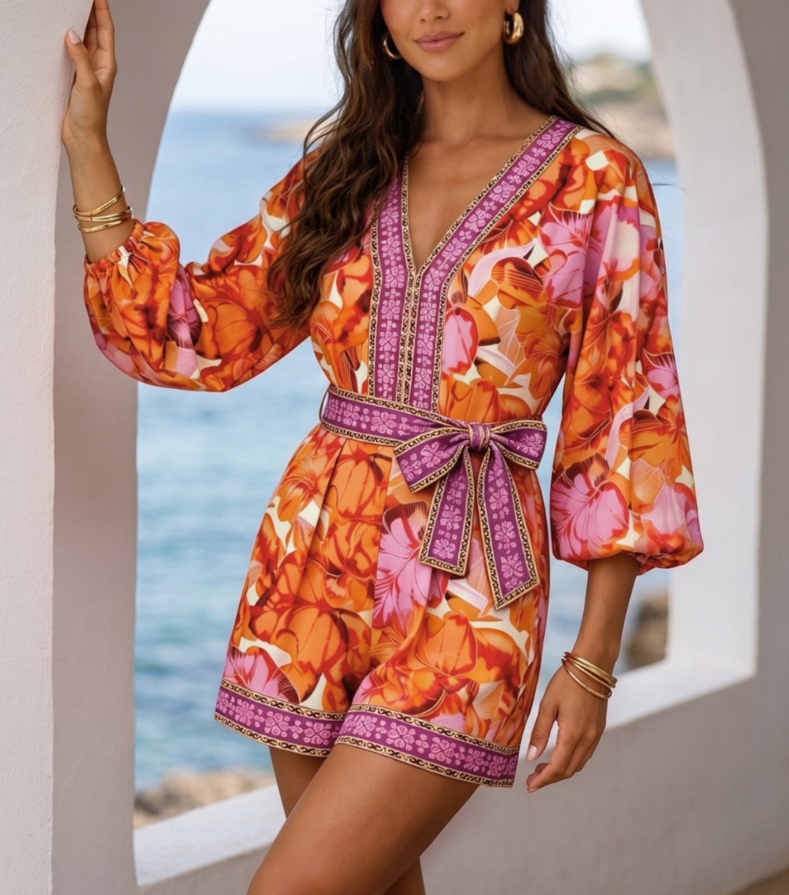 Orange Floral Balloon Sleeve Wrap Romper