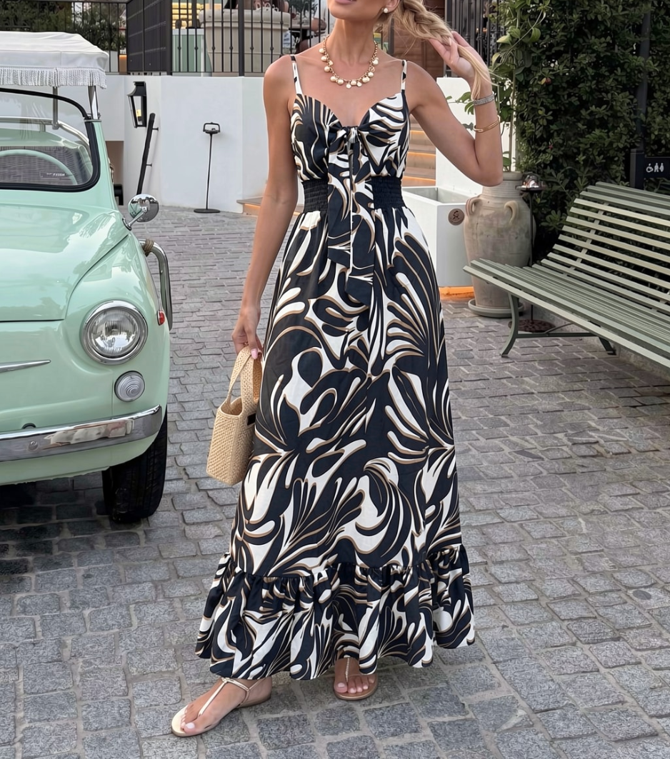 Blue Swirl Print Tie-Front Tiered Maxi Dress