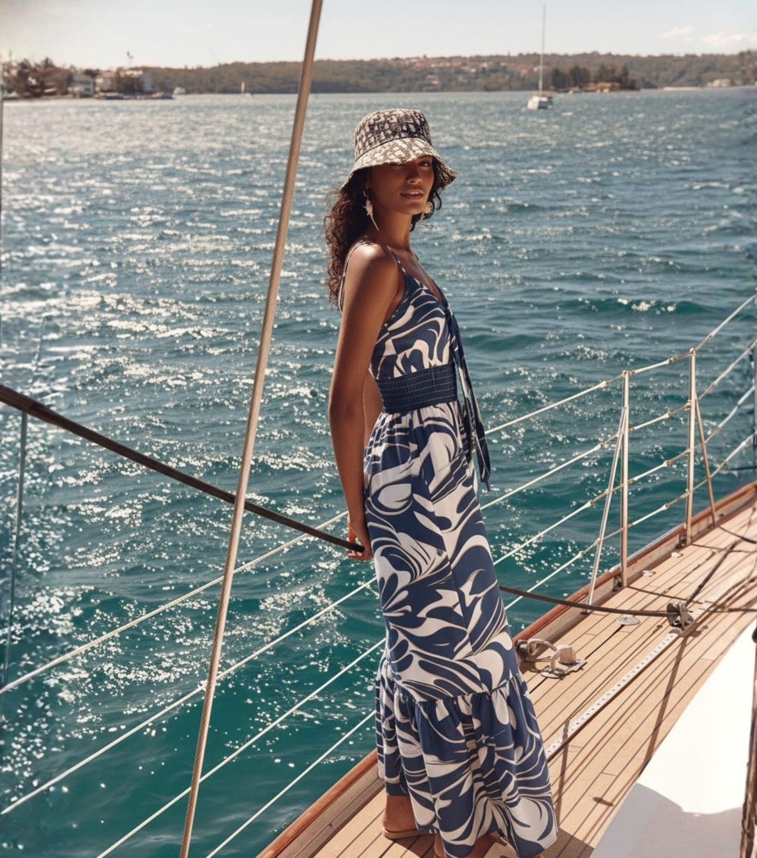 Blue Swirl Print Tie-Front Tiered Maxi Dress