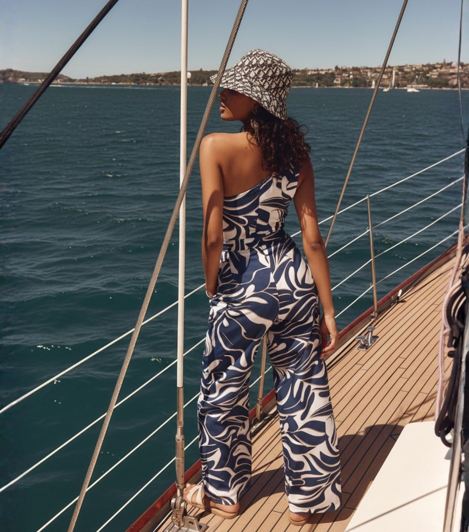 Blue Swirl Print One-Shoulder Belted Jumpsuit