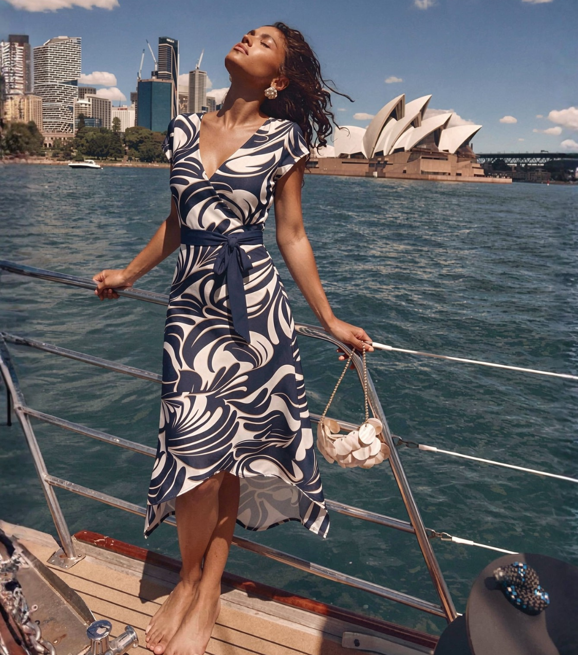 Blue Swirl Print Short Sleeve Midi Dress