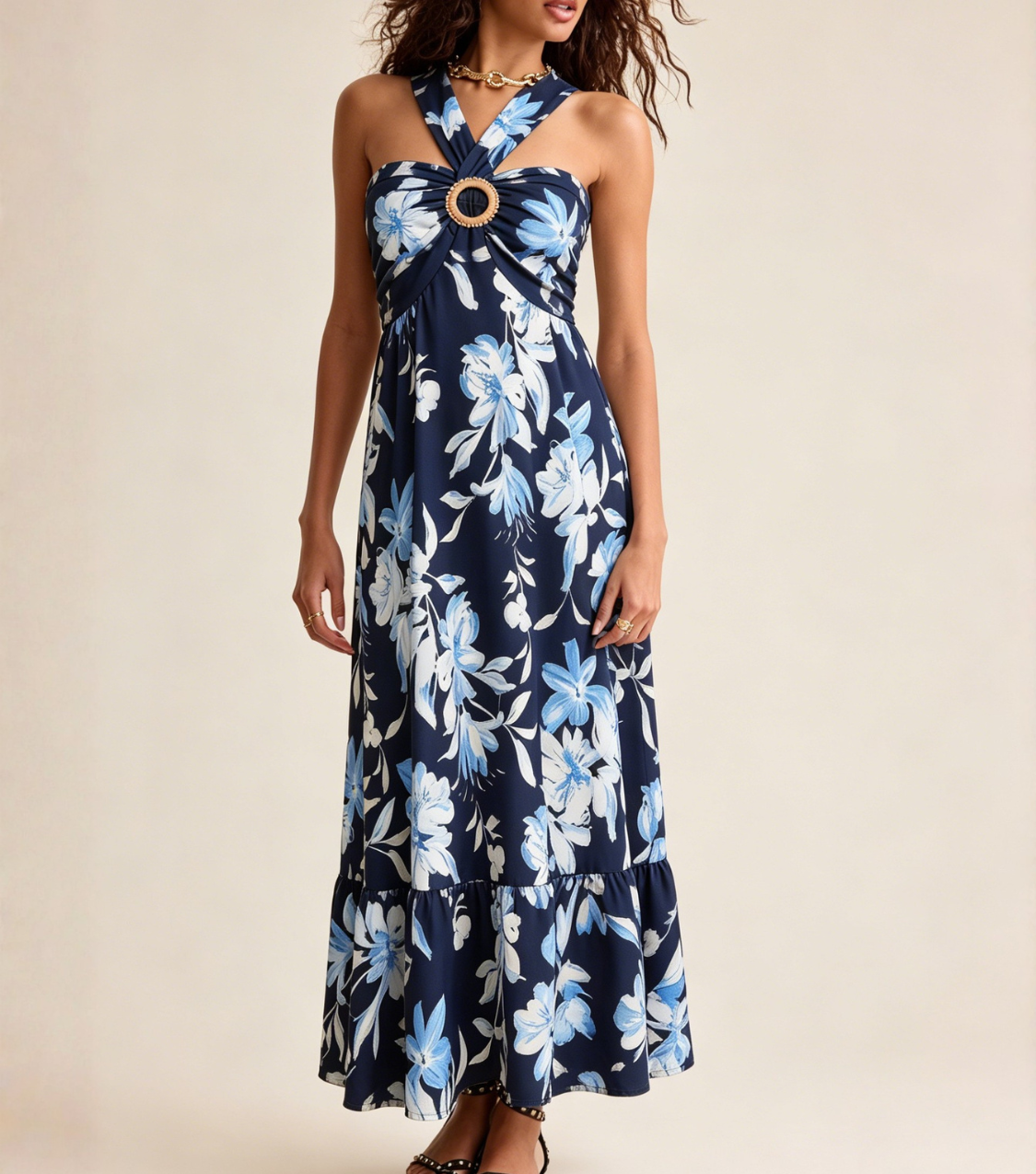 Blue Floral Halter Tiered Maxi Dress