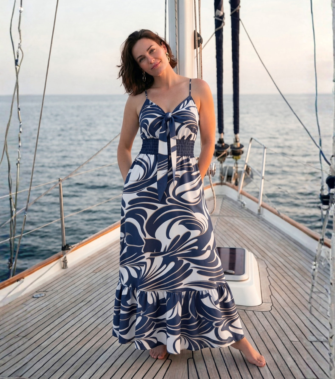Blue Swirl Print Tie-Front Tiered Maxi Dress