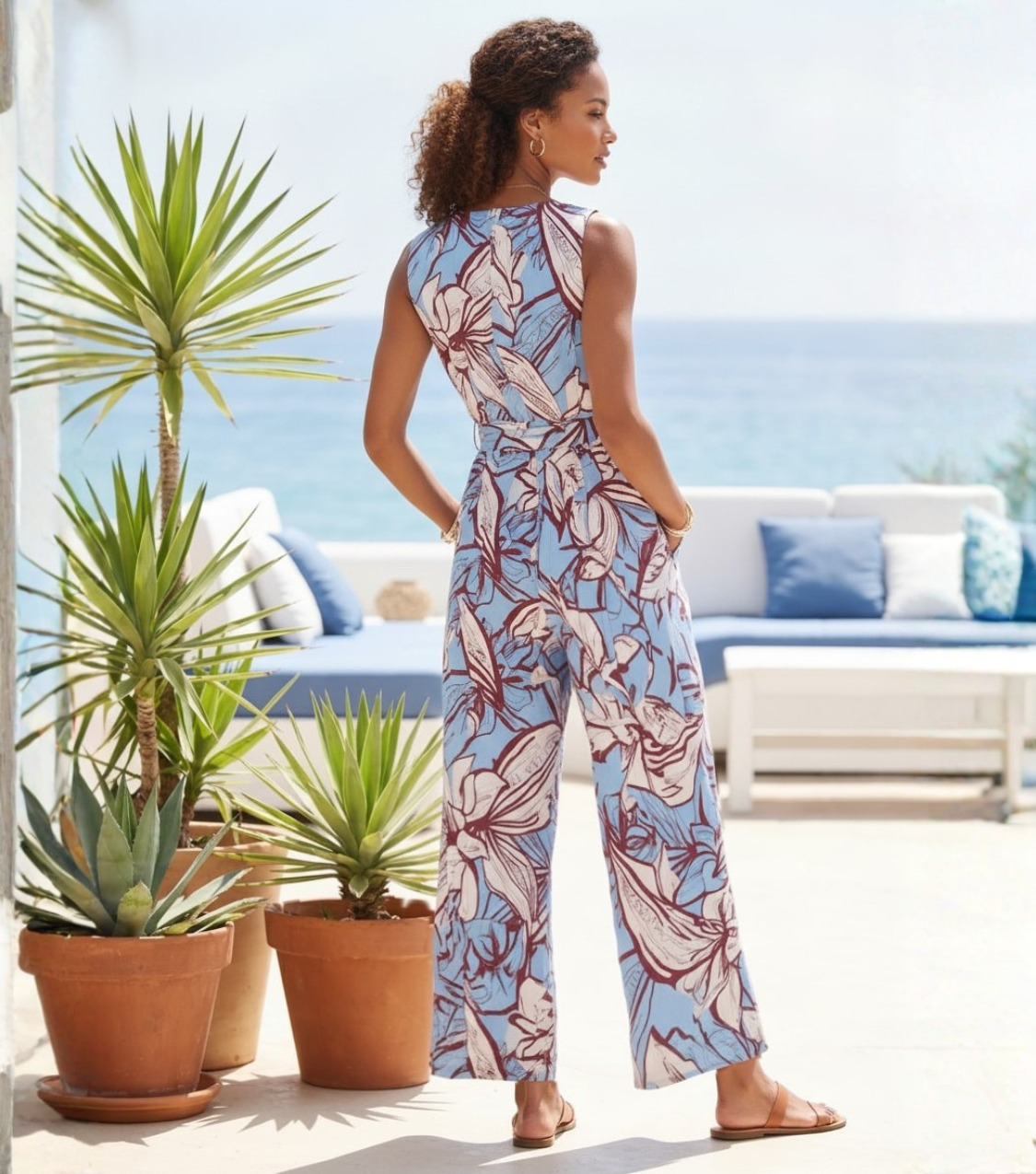 Light Blue Floral Print V-Neck Wrap Jumpsuit