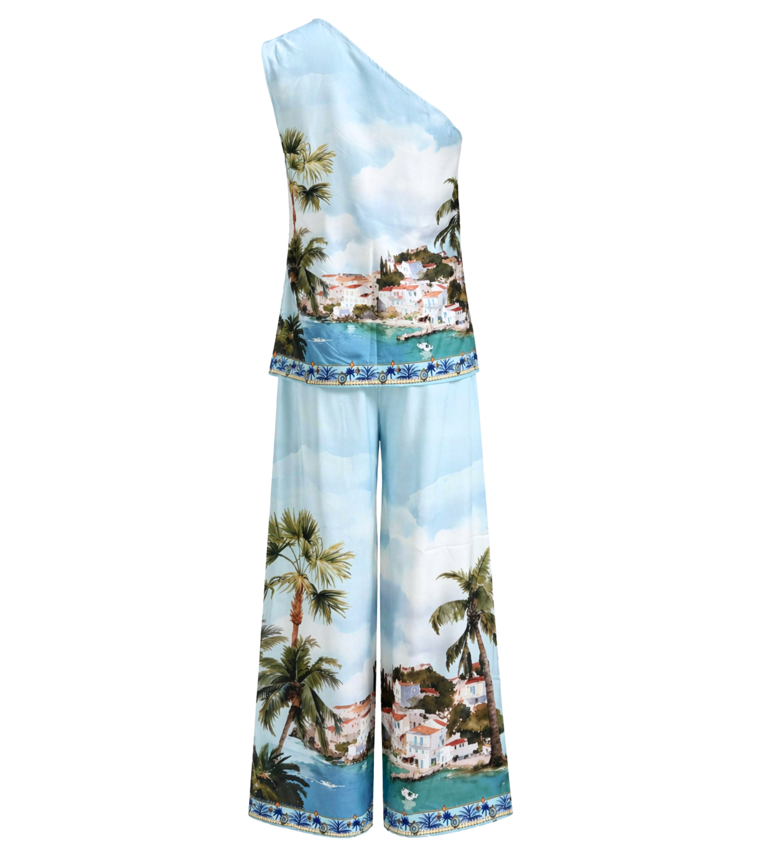 Coastal Town Print One-Shoulder Pant Set