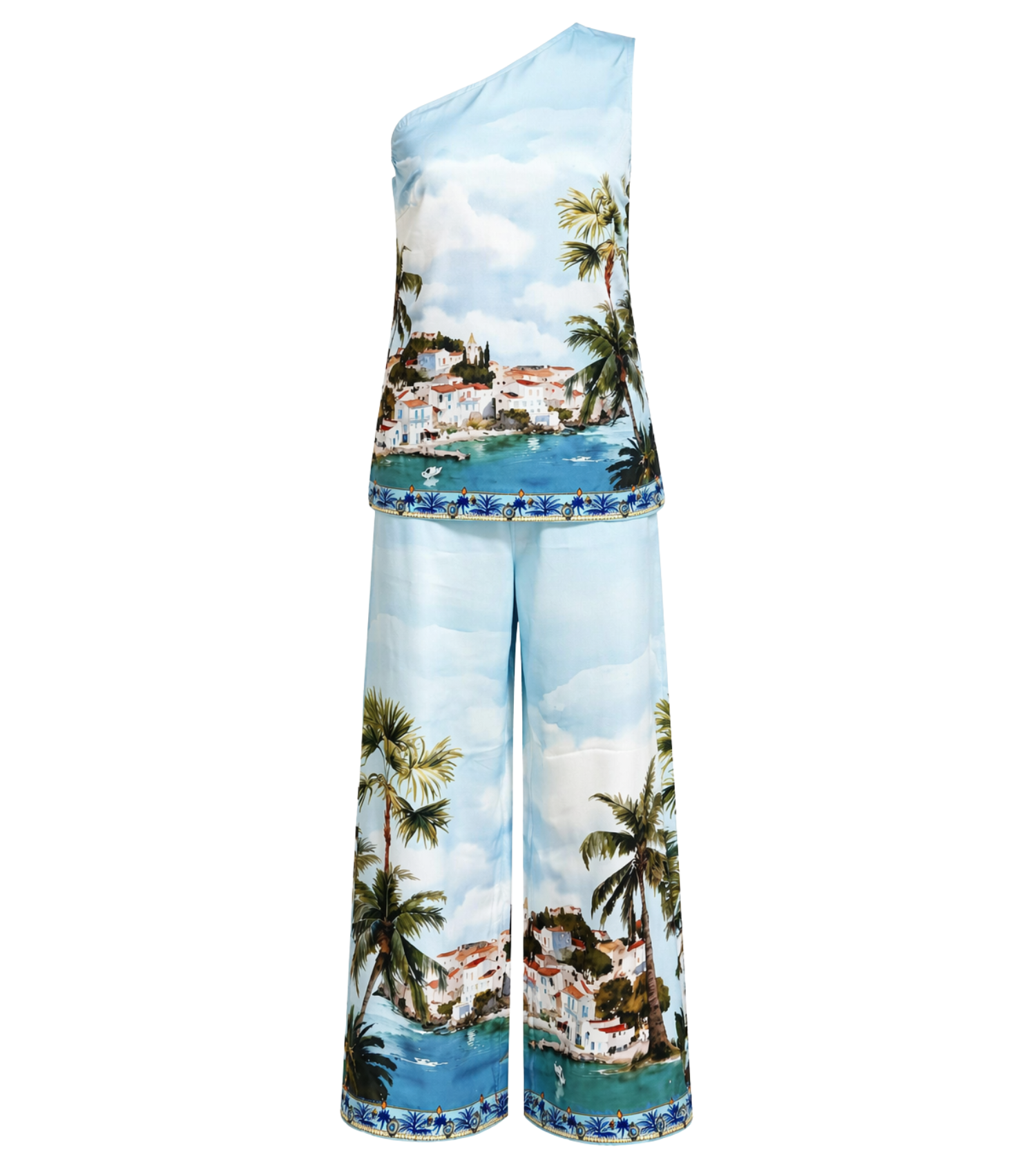 Coastal Town Print One-Shoulder Pant Set