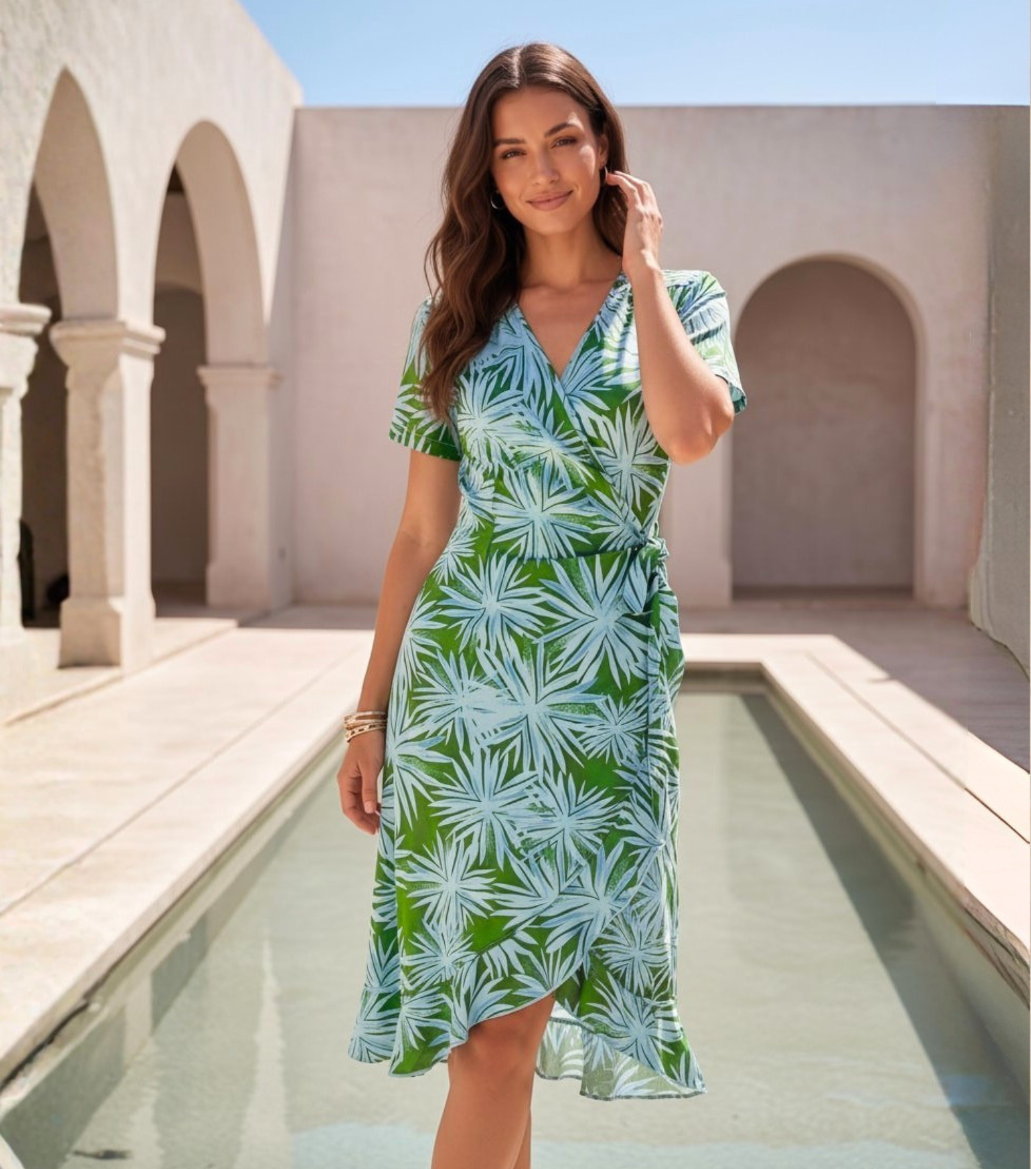 Green Palm Wrap Midi Dress