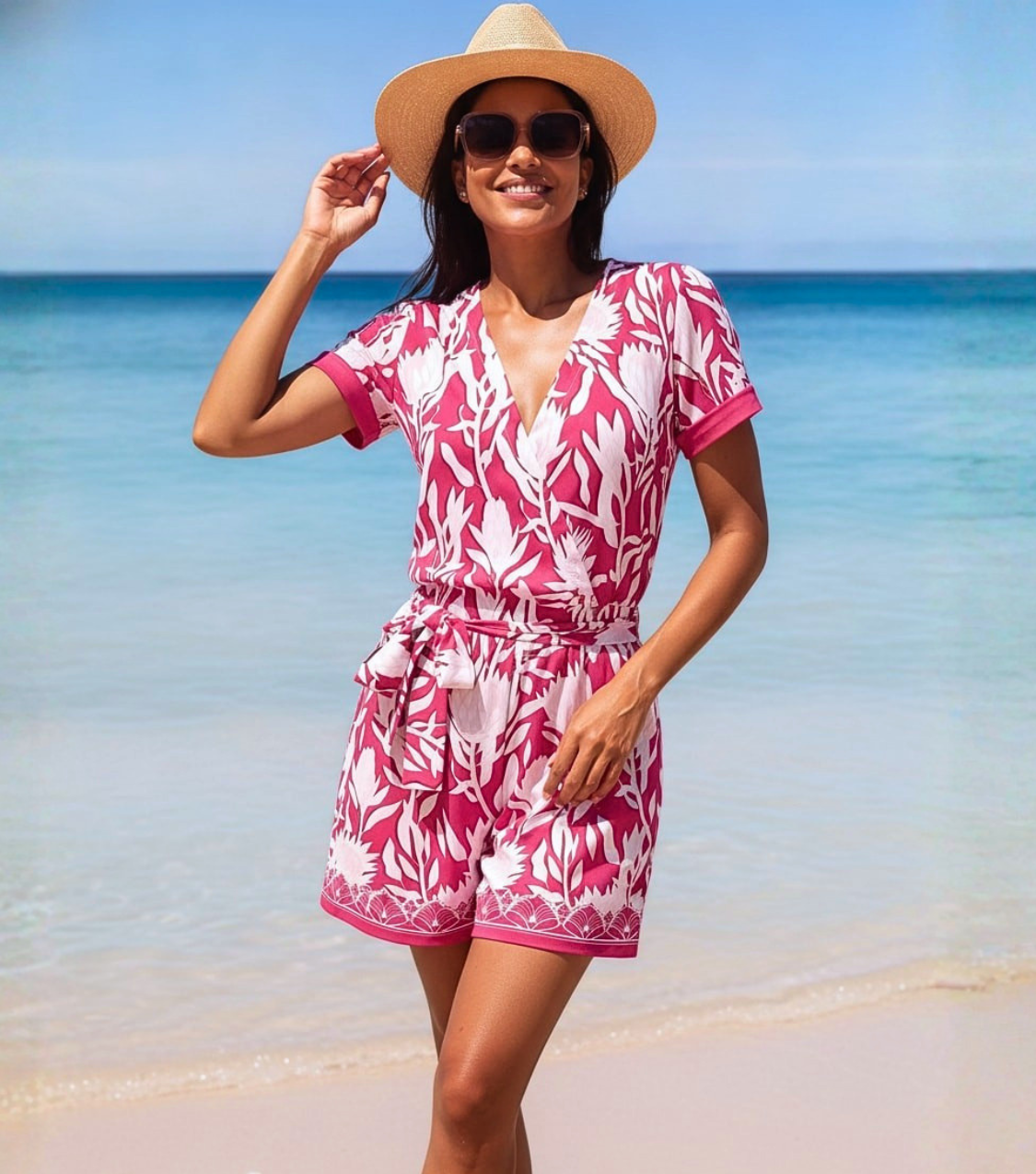 Pink Block Print Wrap Romper