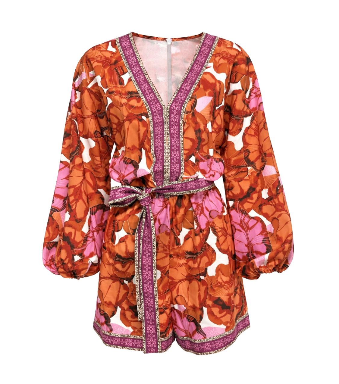 Orange Floral Balloon Sleeve Wrap Romper