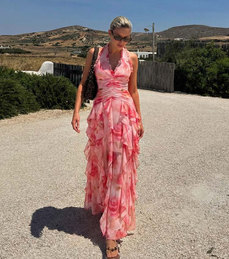 Pink Flower-dyed Halter Neck One Piece Swimsuit and Skirt