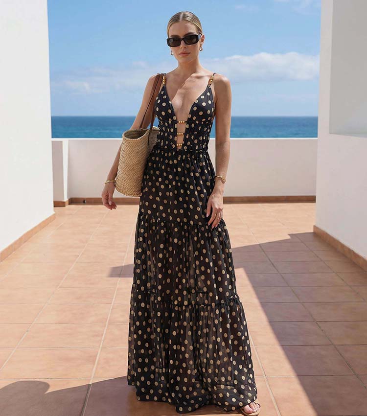 Black and Gold Polka Dots V-neck One Piece Swimsuit and Skirt