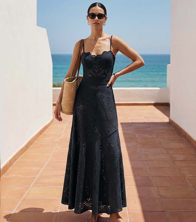 Black Laser Cut Hollow One Piece Swimsuit and Skirt