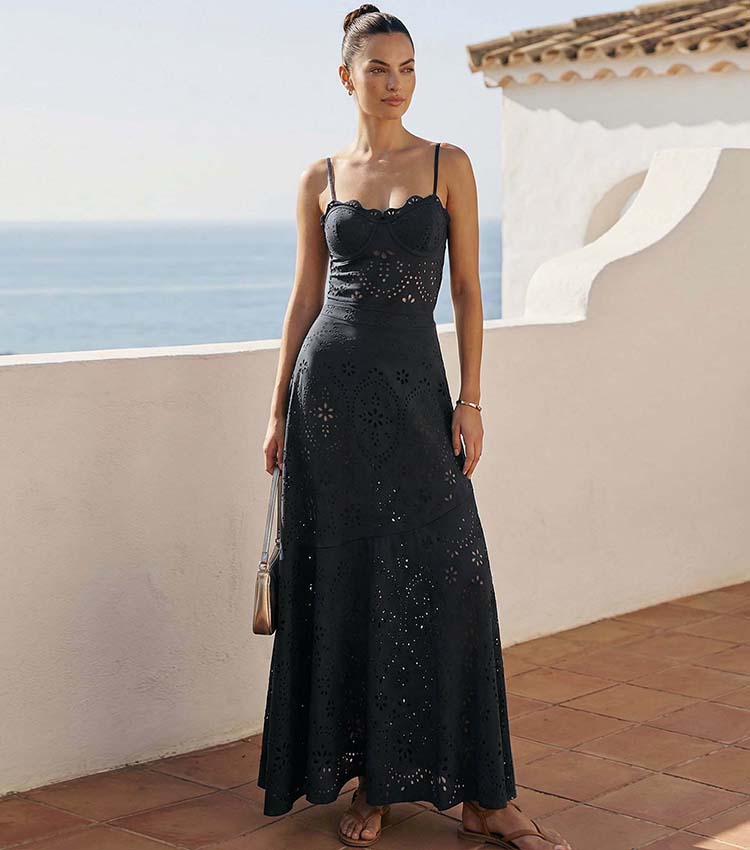 Black Laser Cut Hollow One Piece Swimsuit and Skirt