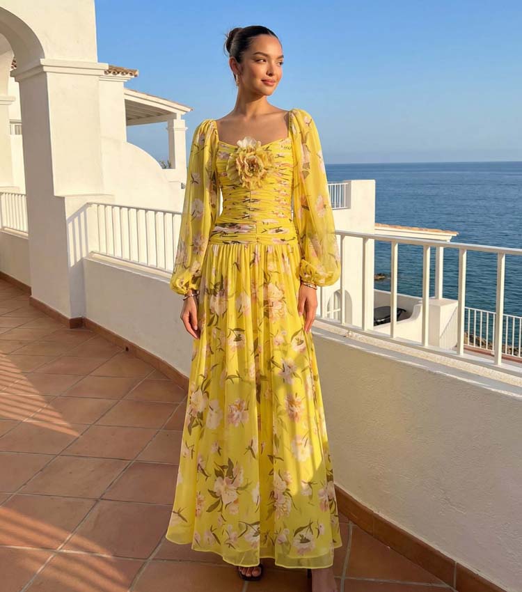 3D Flower Shirring Printed Chiffon Long Sleeves One Piece Swimsuit and Skirt