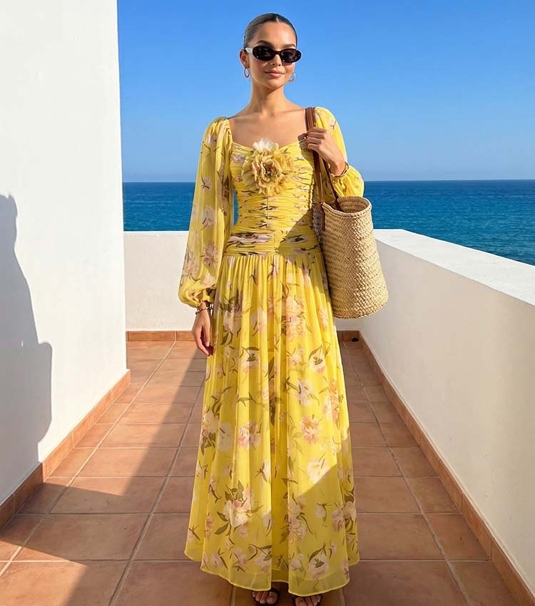 3D Flower Shirring Printed Chiffon Long Sleeves One Piece Swimsuit and Skirt