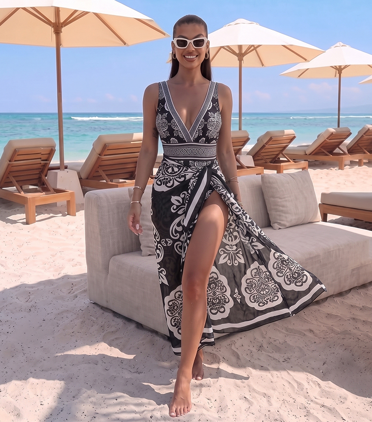 V Neck Black Retro Printed Swimsuit Set(s)