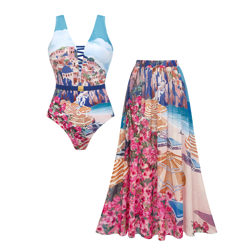 V Neck Cutout Print Swimsuit Set(s)