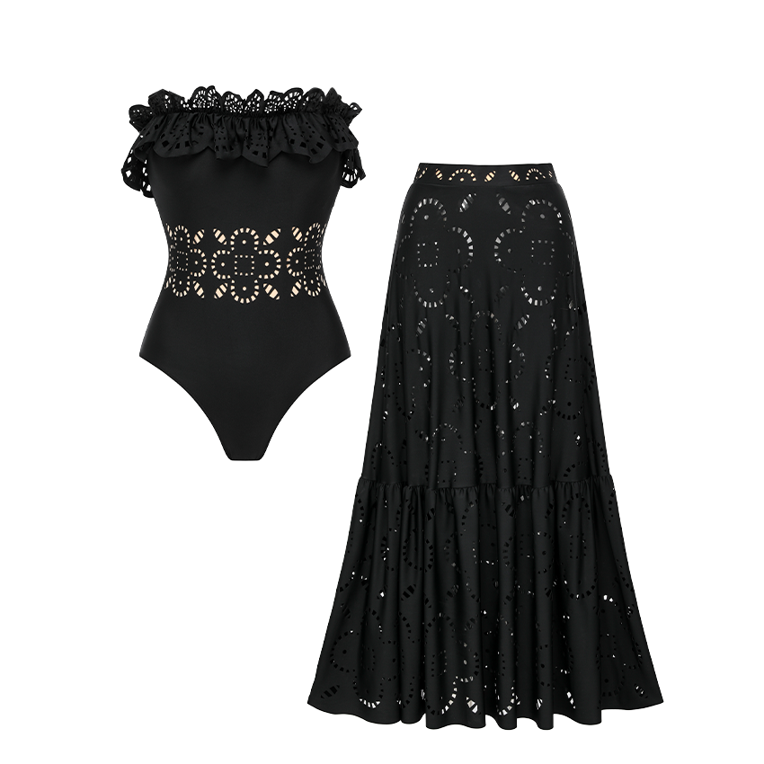 Ruffle Black Laser Cutting Flower Hollow Ruffle Swimsuit Set(s)