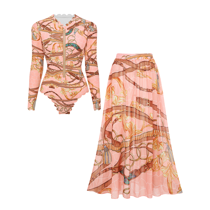 Lace Long Sleeve Rashguard Printed Swimsuit Set(s)