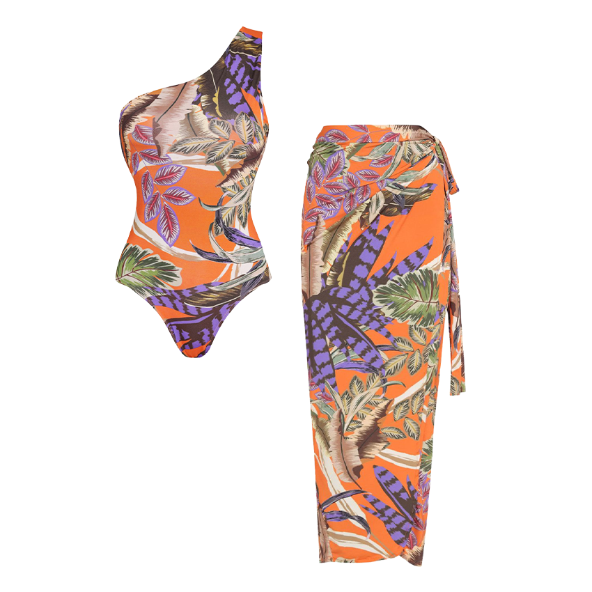 Oblique Shoulder Printed Swimsuit Set(s)