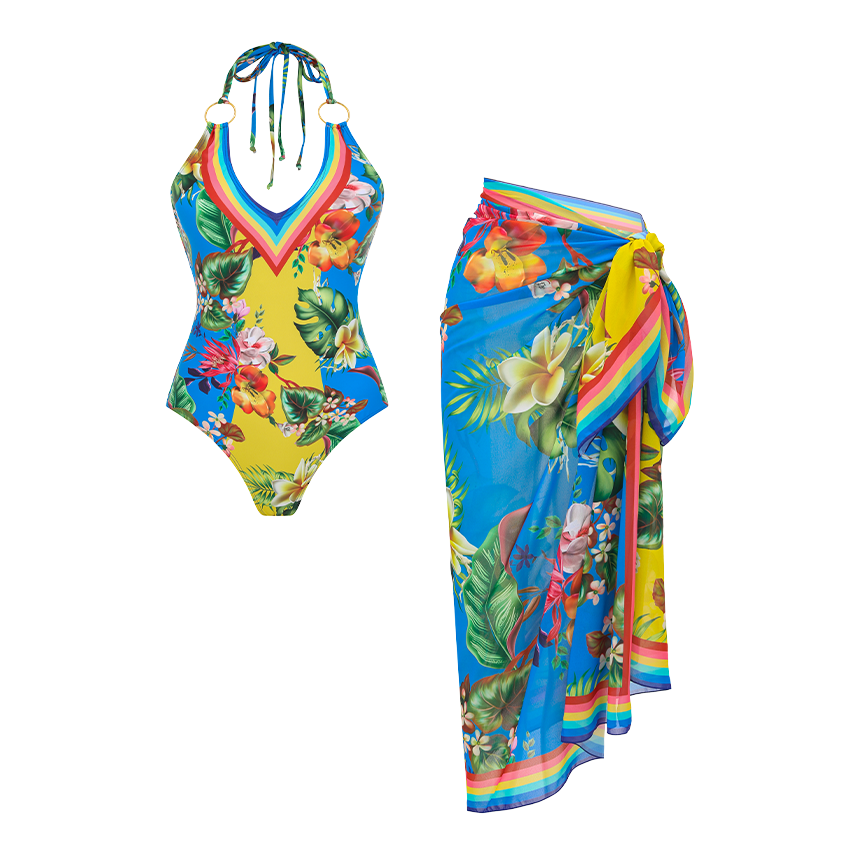 V Neck Color Block PrintedSwimsuit Set(s)