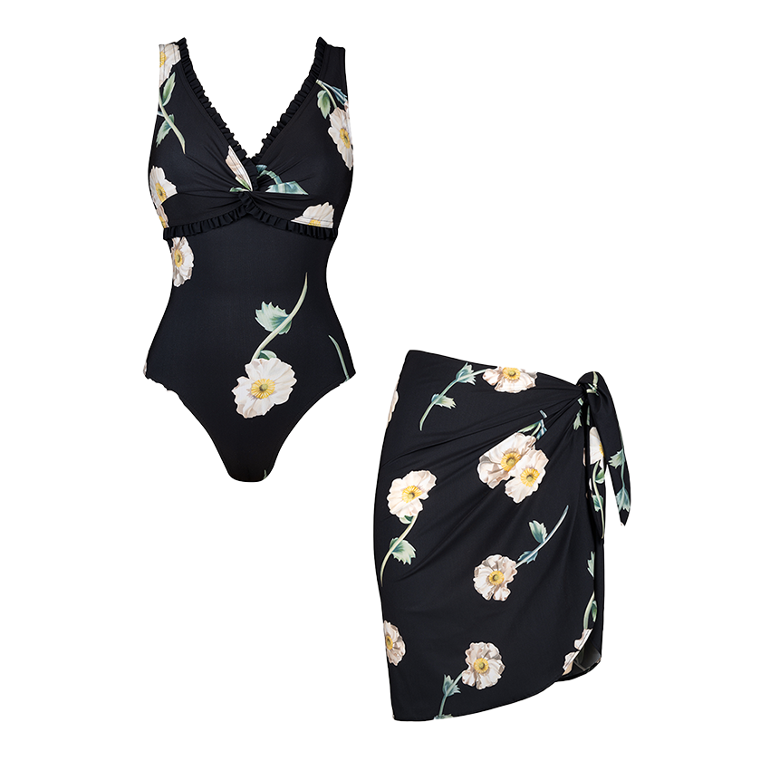 V Neck Frilled Printed Swimsuit Set(s)