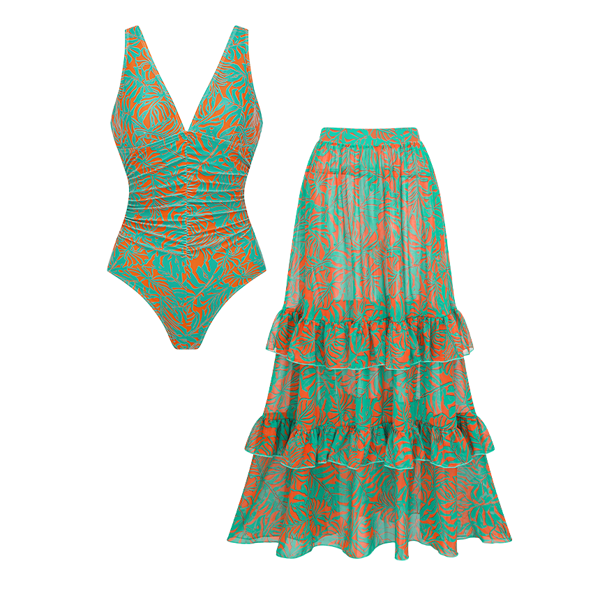 V Neck Color Block Printed Swimsuit Set(s)