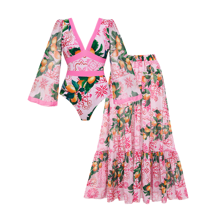 V Neck Long Sleeve Lemon Print Swimsuit Set(s)