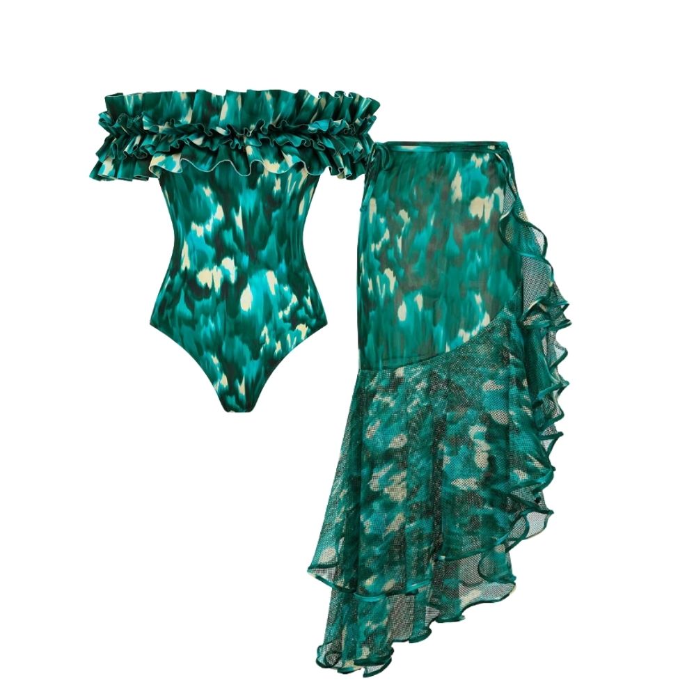 Bandeau Ruffled Green Blooming Print One Piece Swimsuit and Mesh Splicing Sarong