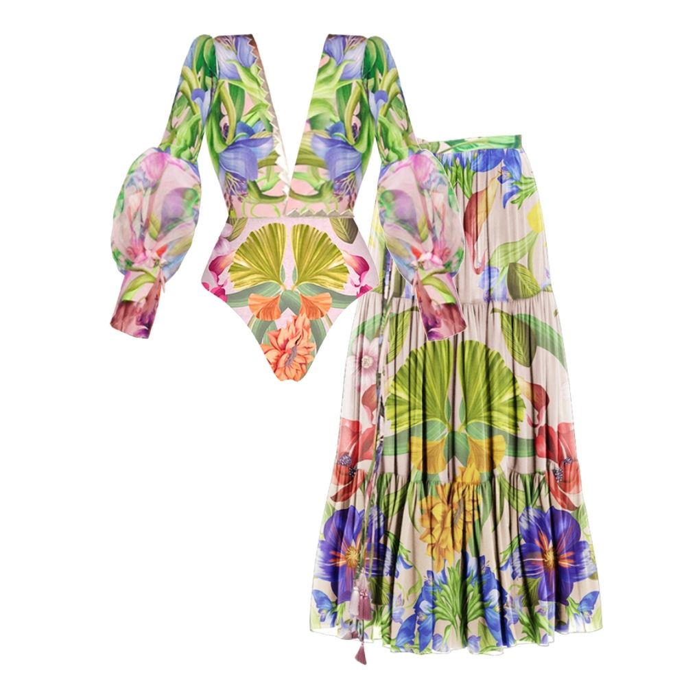 V-neck Long Sleeve Flowers Printed One Piece Swimsuit and Skirt