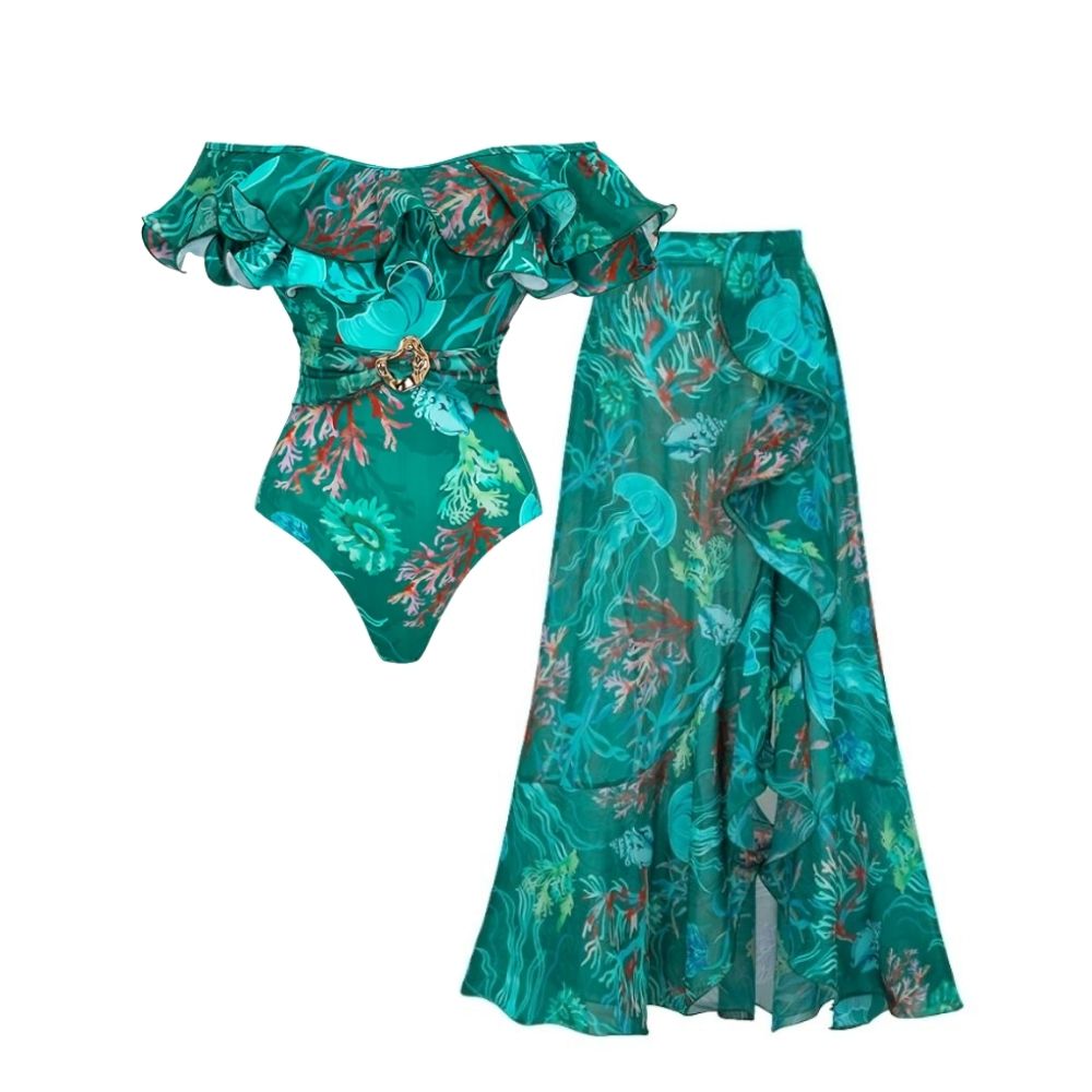 Removable Shoulder Strap Off Shoulder Marine Organism One Piece Swimsuit and Skirt