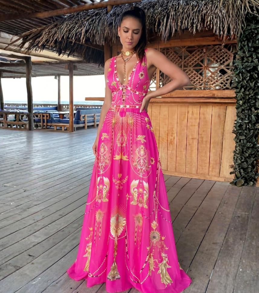 Hollow Metallic Pattern Printing One Piece Swimsuit and Skirt