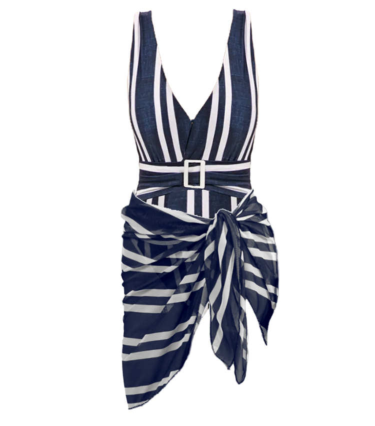 V Neck Blue Striped Print Swimsuit Set(s)