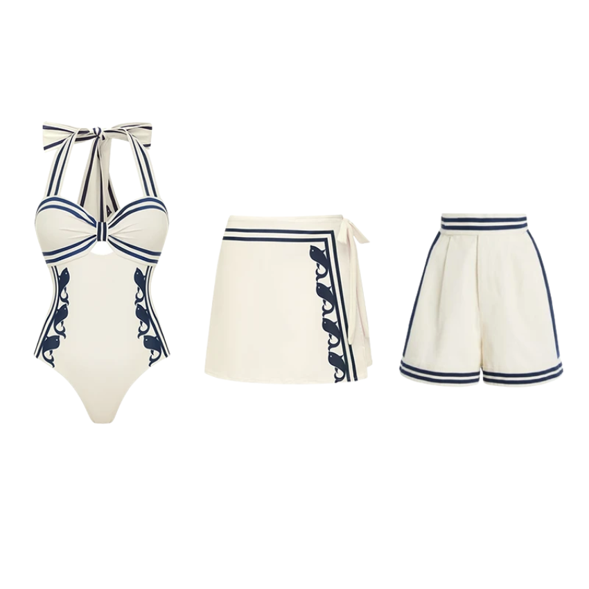 Navy Style Printed Bow Tie Decor One Piece Swimsuit and Skirt
