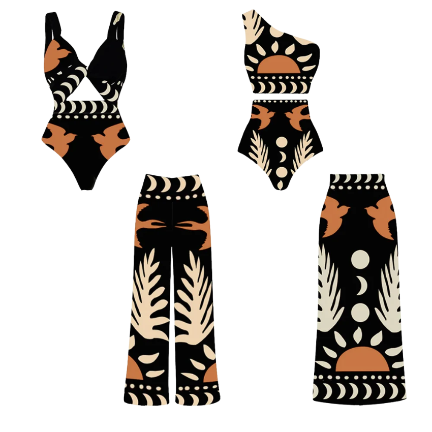 Retro Print Cutout One Piece Swimsuit and Skirt Flaxmaker