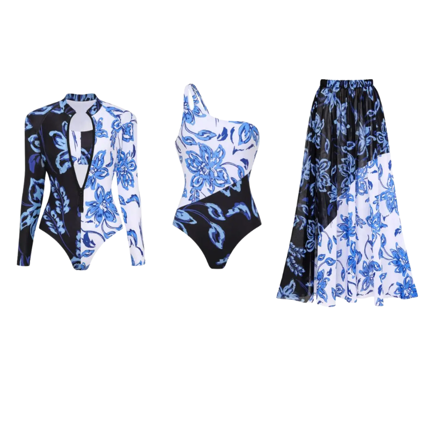 One Shoulder Color Block Printed One Piece Swimsuit and Skirt