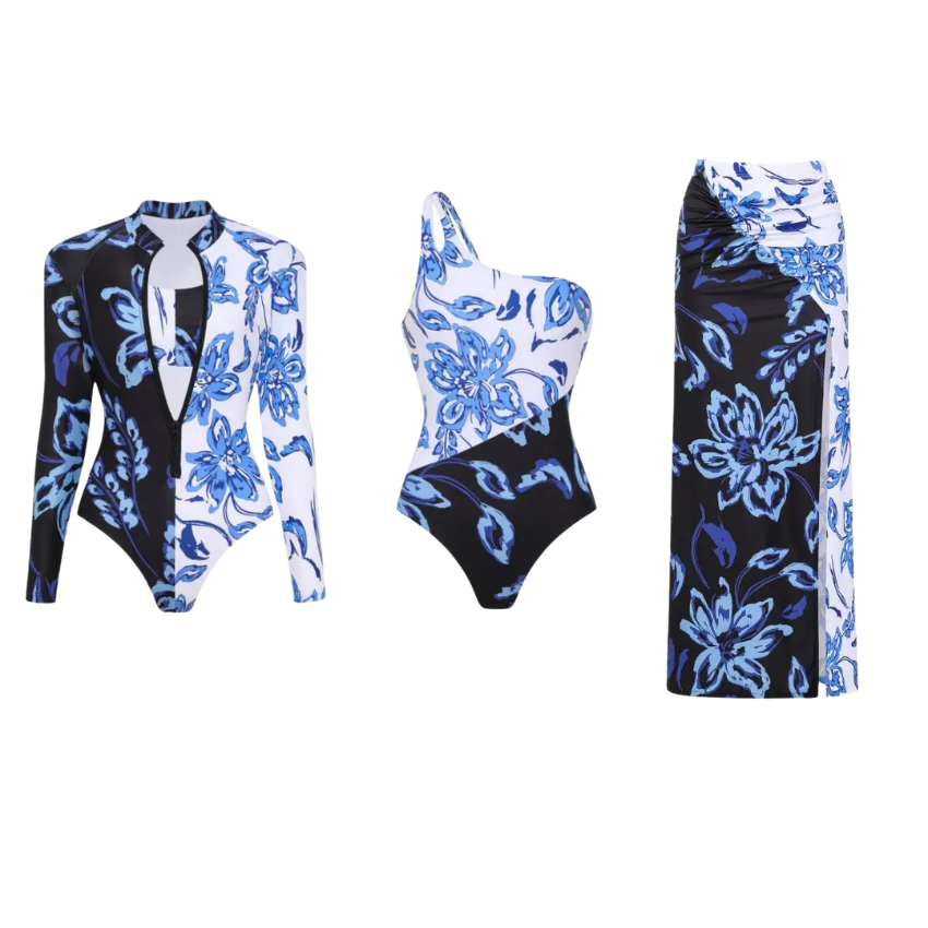 One Shoulder Color Block Printed One Piece Swimsuit and Skirt