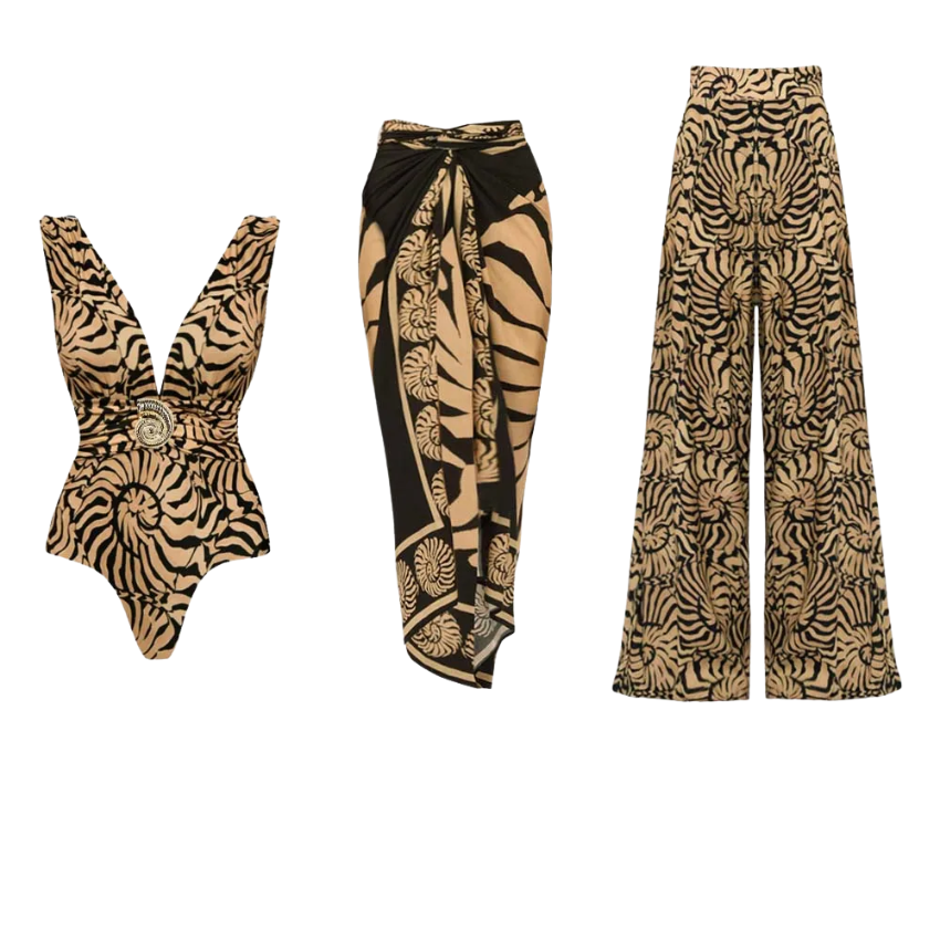 V-Neck Marine Thread One Piece Swimsuit and Sarong