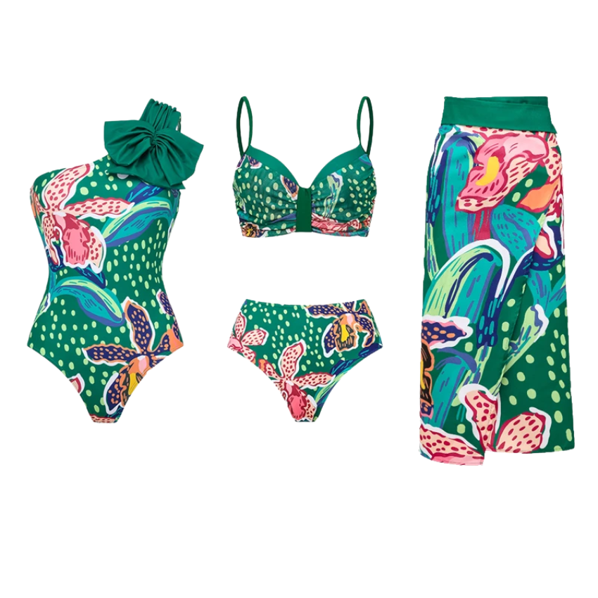 Printed One Shoulder One Piece Swimsuit and Sarong Flaxmaker