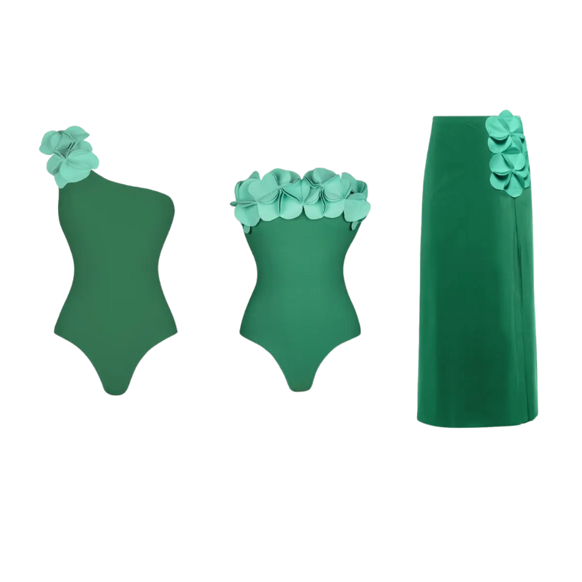 Bandeau 3D Flower One Piece Swimsuit and Skirt