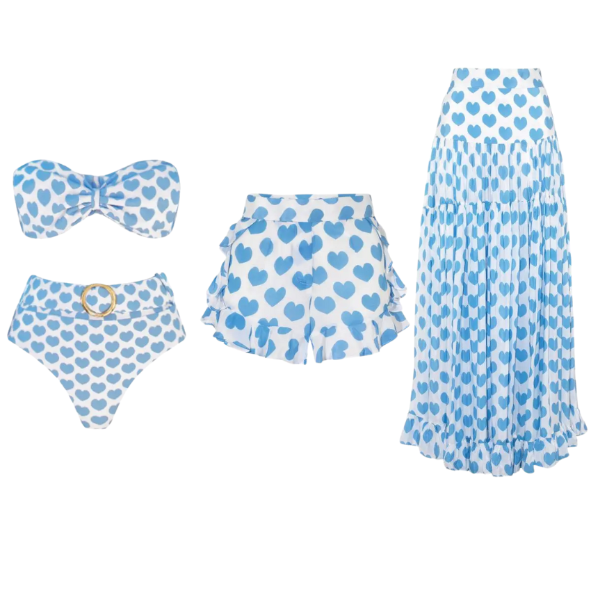 Heart Print Bikini Swimsuit and Skirt