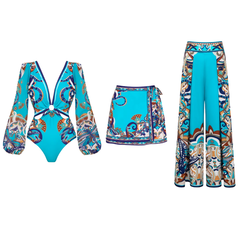 Butterfly and Dragonfly Long Sleeve Hollow Print One Piece Swimsuit and Skirt
