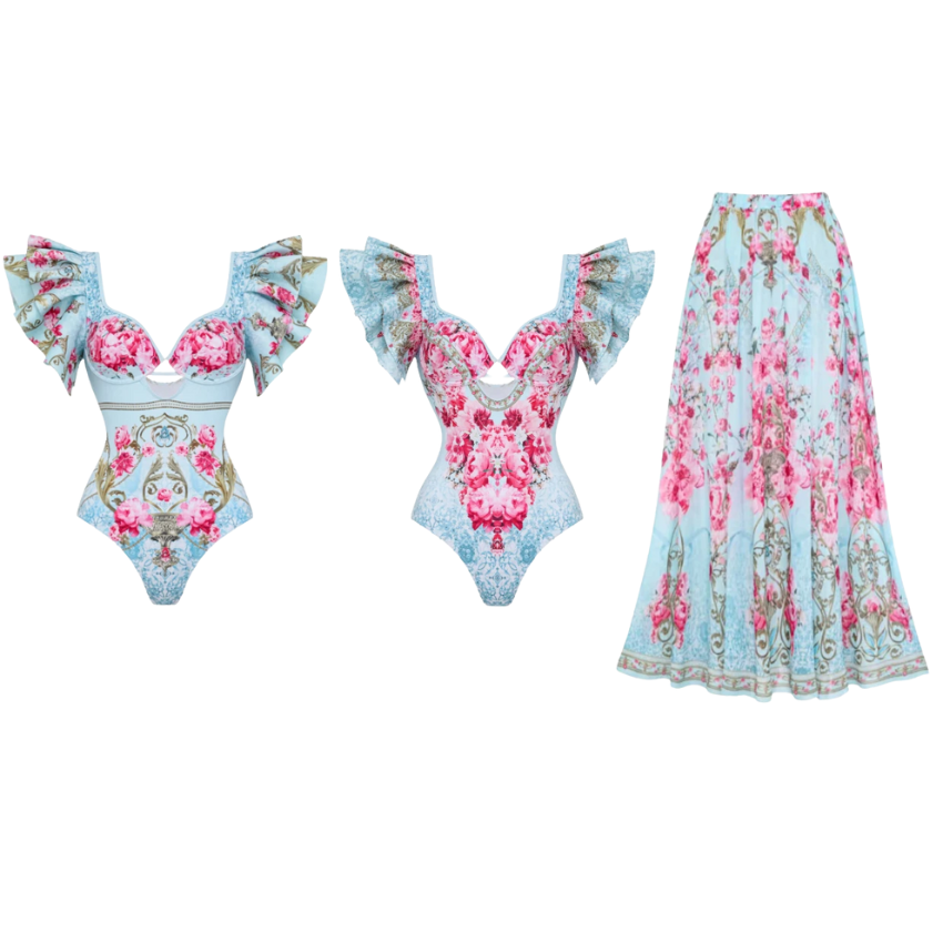 Ruffled Blue Blooming Flowers Print One Piece Swimsuit and Skirt