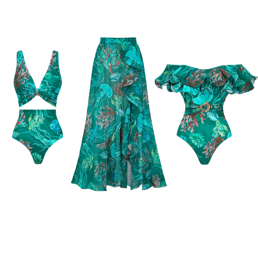 Removable Shoulder Strap Off Shoulder Marine Organism One Piece Swimsuit and Skirt