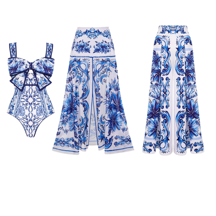 Bow Decor Majolica Print One Piece Swimsuit and Skirt or Pants